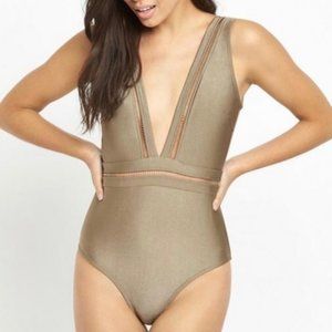 Ted Baker Starza Pointelle Deep V Swimsuit Khaki - Size US 10